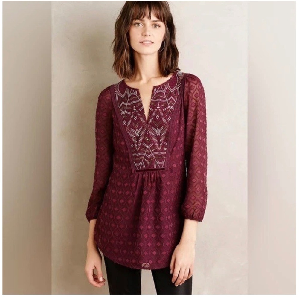 One September Anthropologie Plum Embroidered Sequin Bib Tunic Blouse Womens L